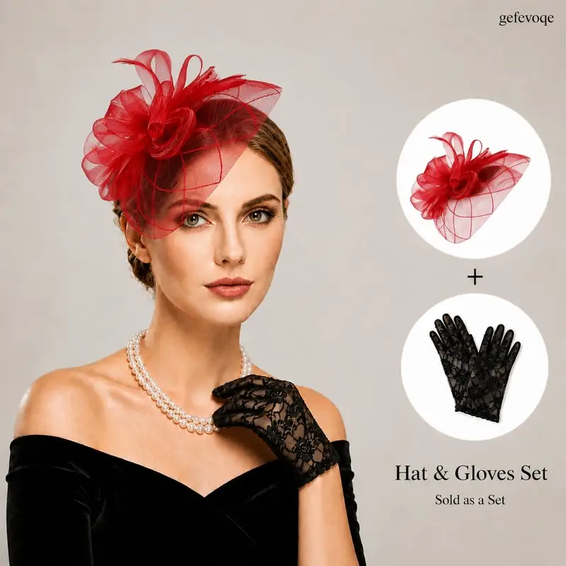 

2PCS Womens Floral Fascinator Hat with Lace Gloves Set Elegant Feather Net Headpiece for Tea Party Wedding Church Cocktail Party