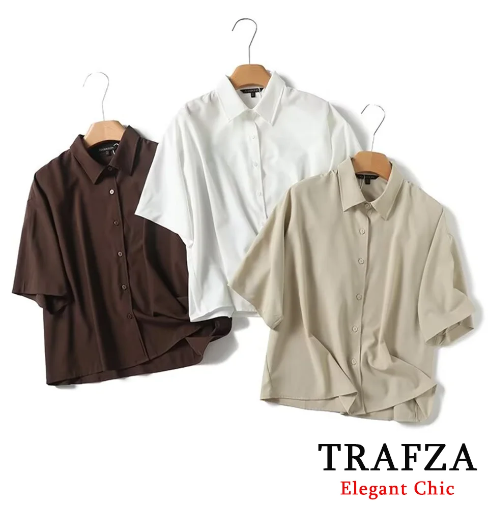 TRAFZA Casual Solid Short-sleeved Polo Shirt Women's New 2024 Summer Fasion Office Lady Polo Shirt Buttons Lapel Shirt