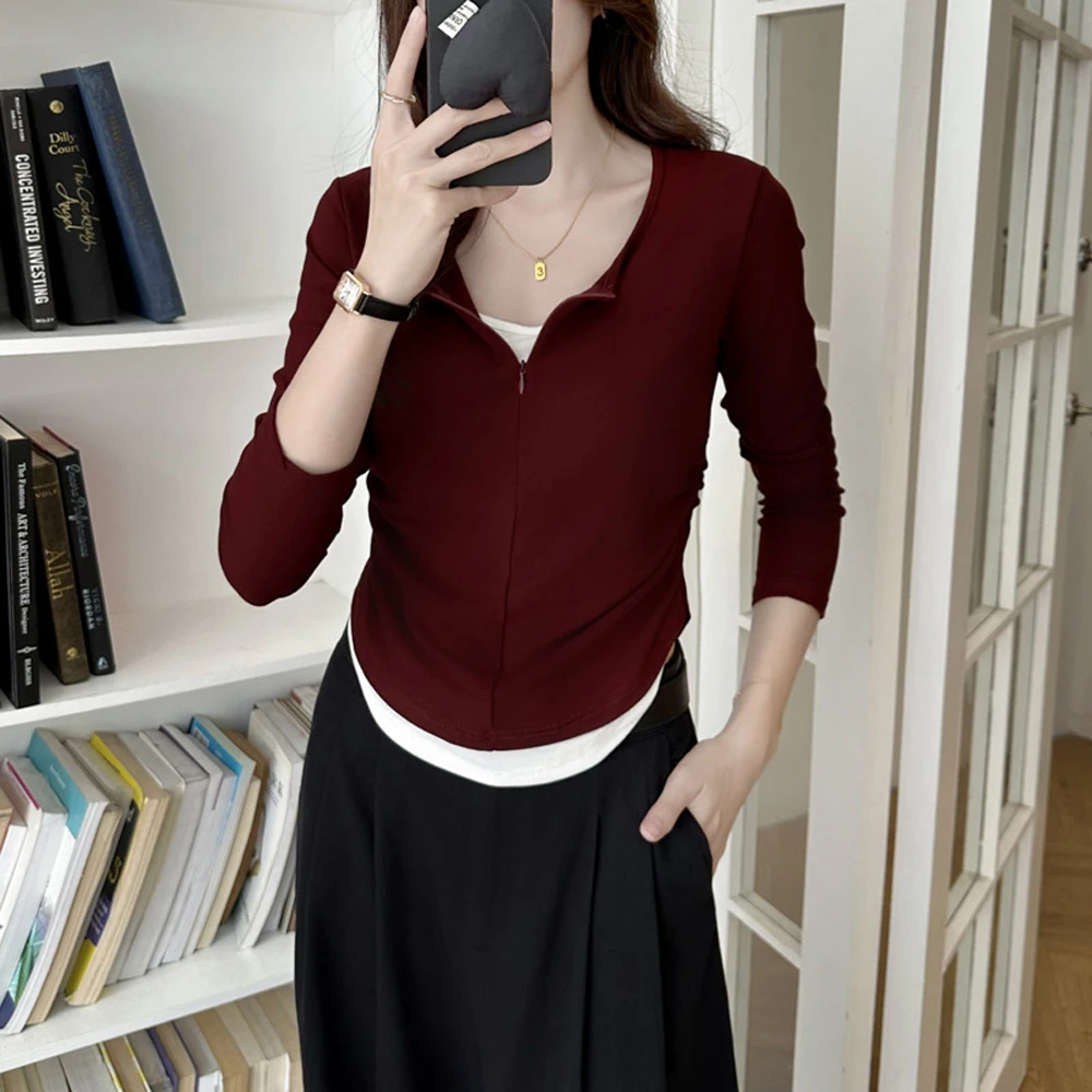 

Wine red long sleeved T-shirt for women's spring and autumn new high-end fashion plus size fake two-piece round neck casual top