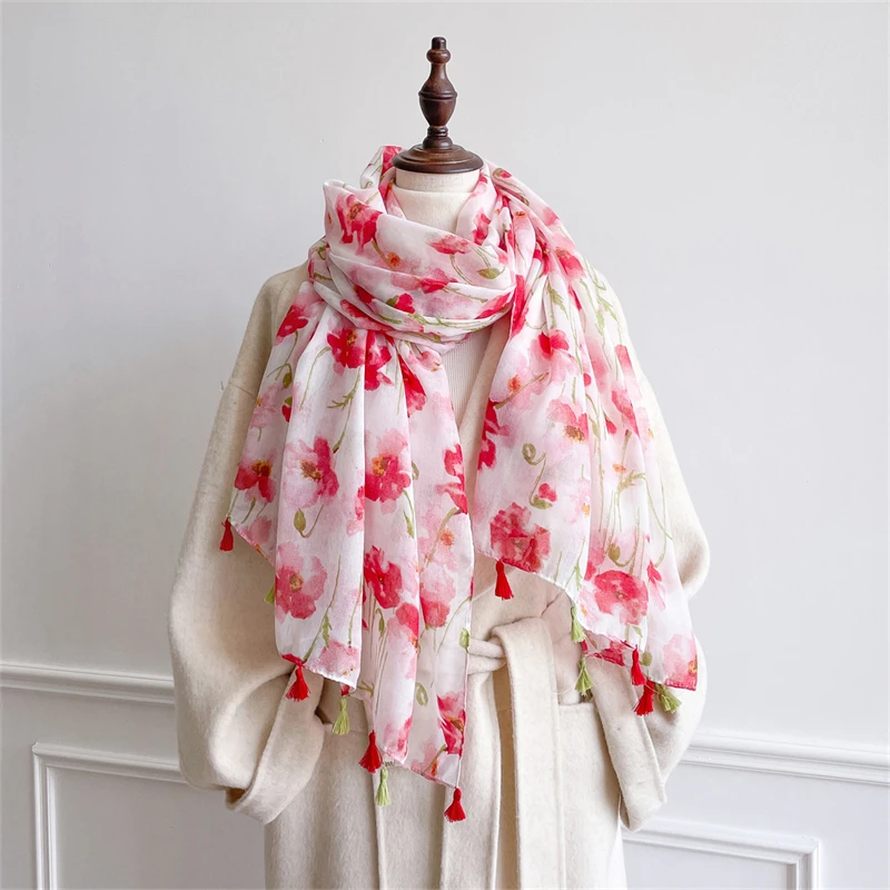 

Classic Flower Print Scarf Elegant Tassel Shawl Casual Windproof Head Wrap Hijab Sunscreen Travel Beach Towel For Women