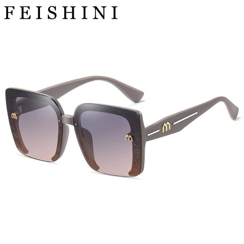 Feishini Brand Luxury M letter Contracted Quality Square Sunglasses Women Oversized UV Protection Ladies Paris Fashion Glassees