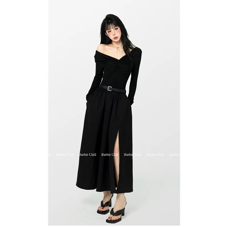 

Women Summer Clothes Black Dress V Neck Sexy Dress A-line Skirt Vintage Long Sleeve Longuette Slit Skirt Dress Distribution Belt