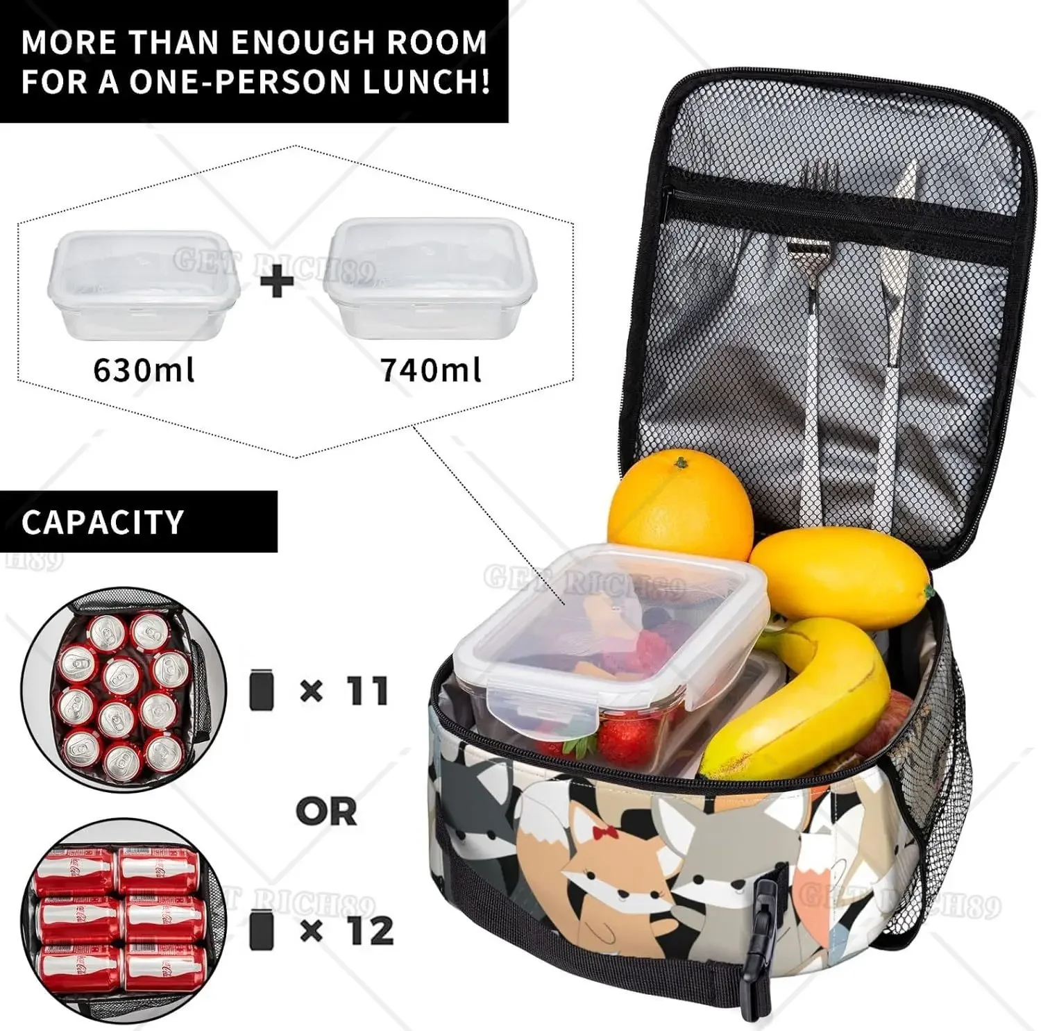 Cute Fox Wolf Insulated Lunch Bags for Men Women Reusable Portable Thermal Lunch Box with Pocket Tote Bag Cooler Picnic Work