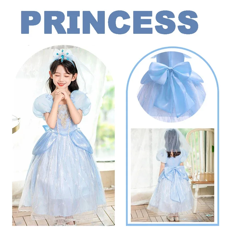 

Princess Costume Girl Cinderalla Elsa Cosplay Clothes Kids Princess Dress Puff Sleeve Elsa Big Bow Gown Girls Performance Dress