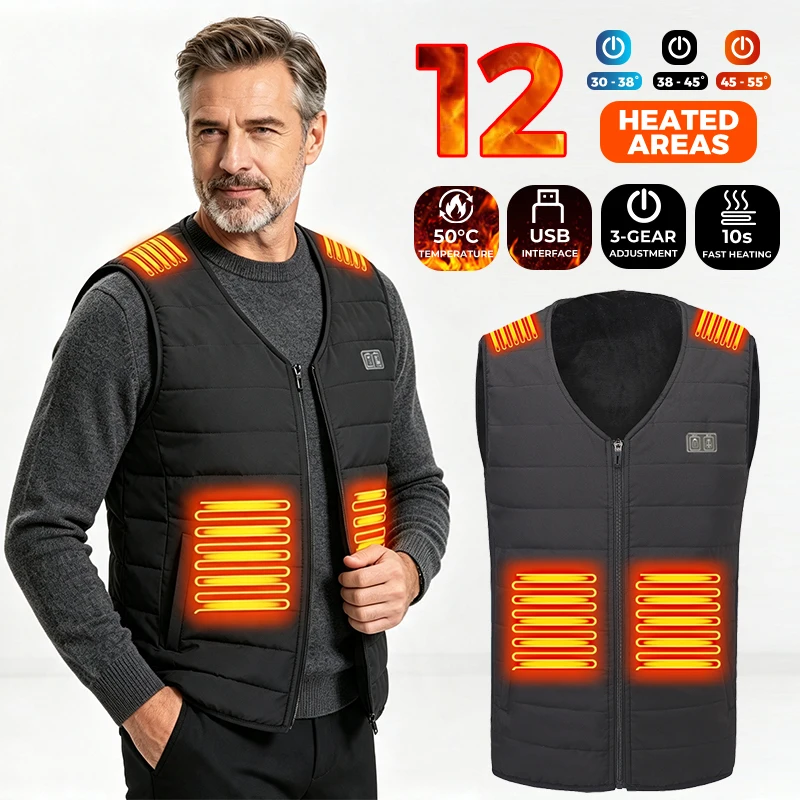 12 Heating Areas Electric Heated Vest Unisex V Neck Design USB Charging Thermal Waistcoat Fast Heating for Fishing Riding Skiing