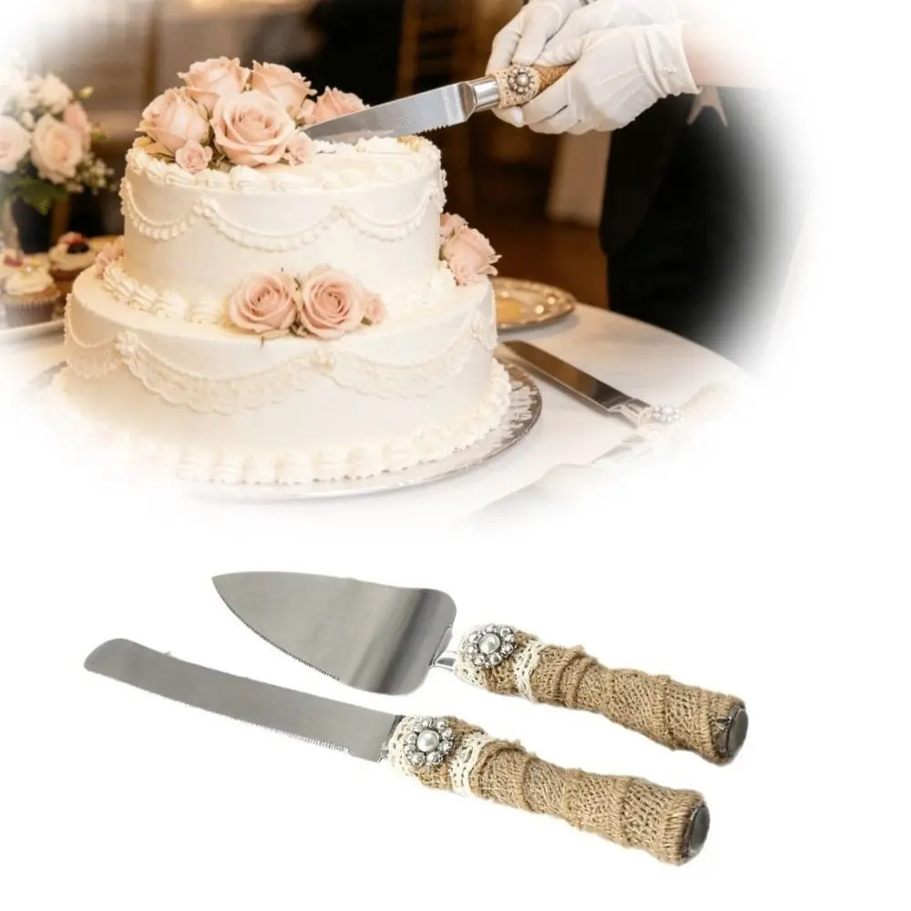 2PCS Stainless Steel Wedding Cake Knife Set Rhinestone Decoration Silver Cake Knife Server Set Western Style Packing Box