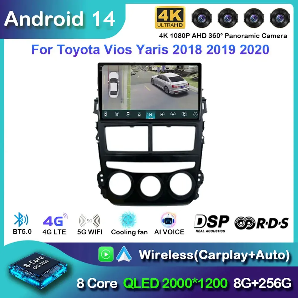 

Автомагнитола Carplay, Android 14, для Toyota Vios Yaris 2018, 2019, 2020, навигация, GPS, мультимедийный плеер, видео, стерео, Wi-Fi + 4G BT