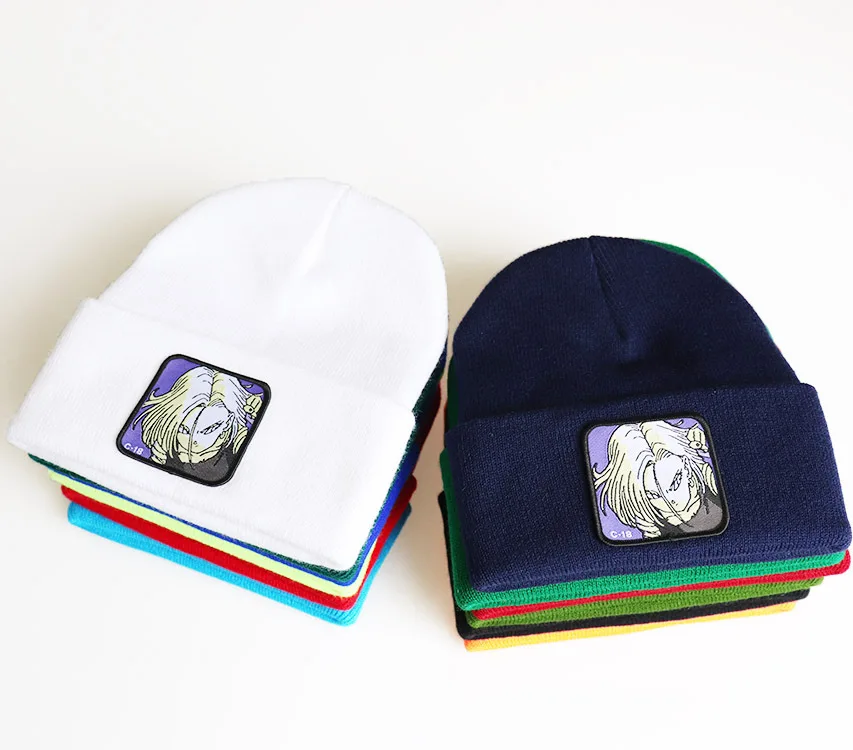Anime dos desenhos animados dragon ball android 18 lazuli feminino masculino malha quente chapéus de inverno sólido hip-hop casual gorros com punho presentes
