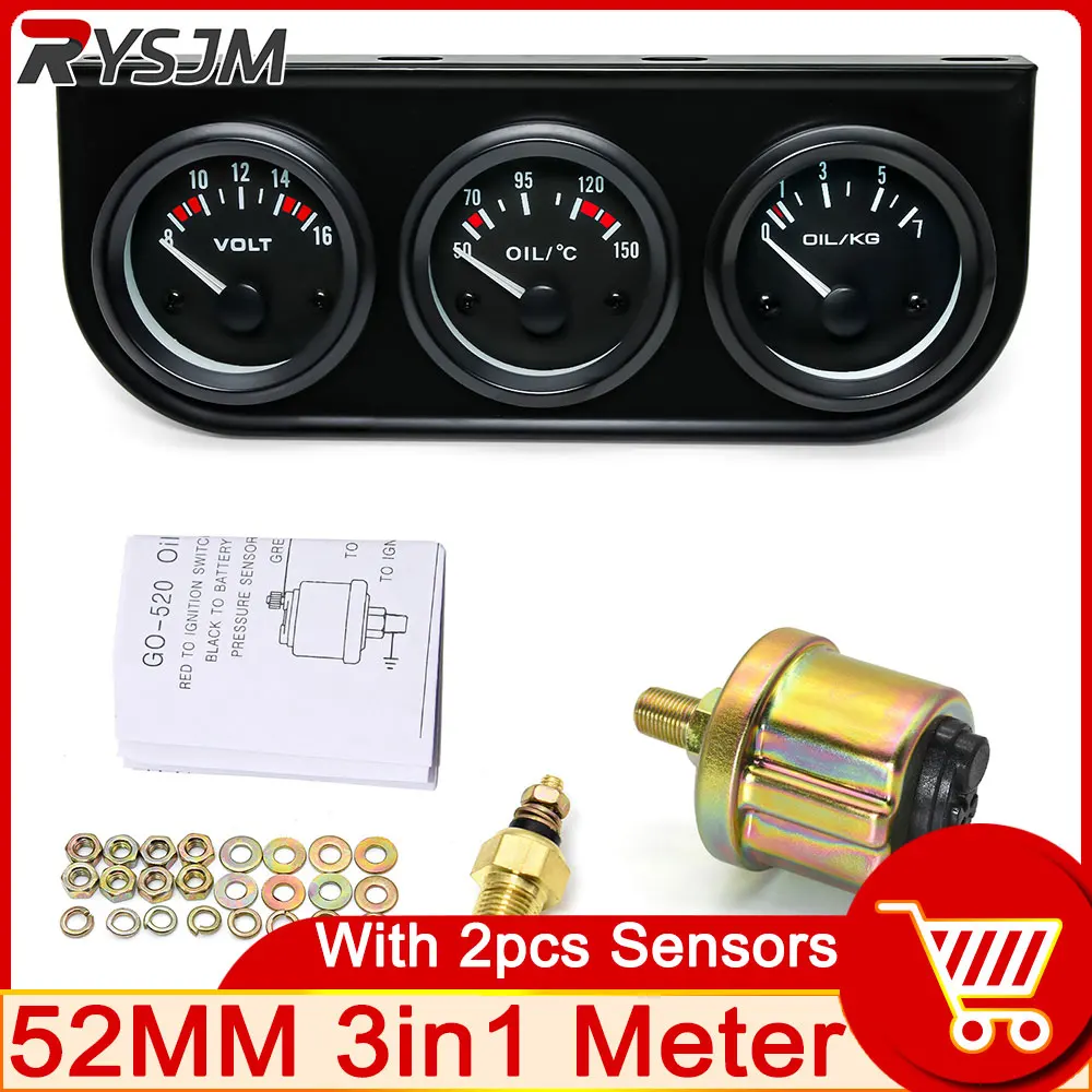 

Water Temp+Oil Pressure+Volt Meter 52mm 3 in 1 Car Modification Gauge Black Bezel Face with Temp & Press Sensor customized