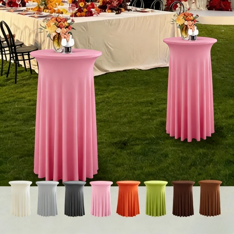 Mondern Simple Round Stretch Spandex Cocktail Tablecloths with Skirt Wrinkle Free Cocktail Table Cover For Wedding Party Banquet