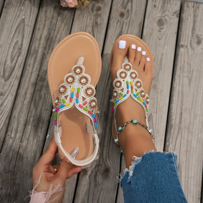 Sommer Frauen Sandalen Clip Toe Böhmischen Sandalen Frauen Bequeme Flache Heels Weiche Strand Schuhe Frau Plus Größe Outdoor Sandalen
