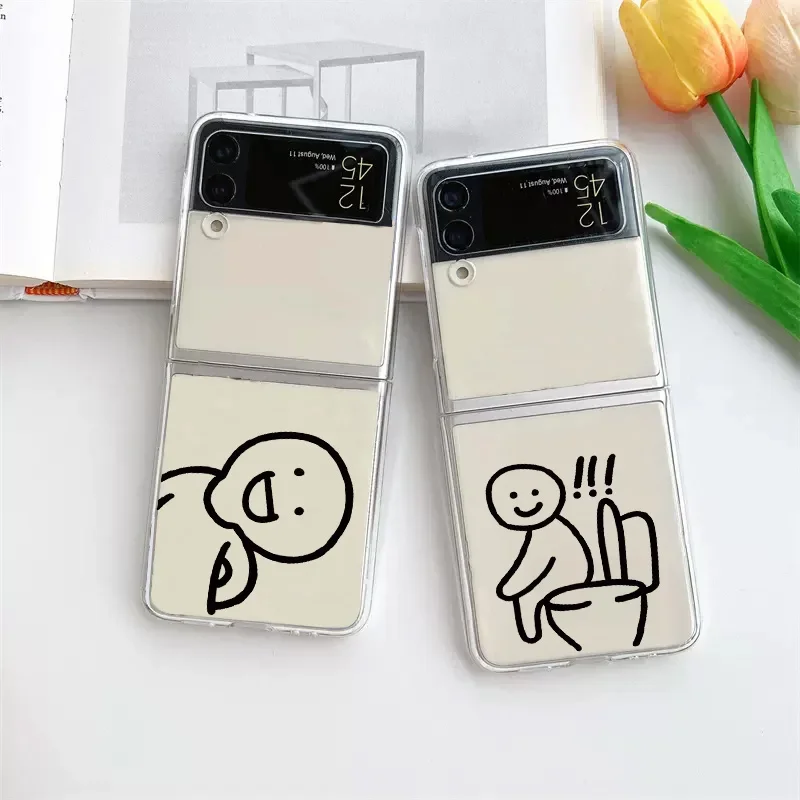 Simple Funny Matchstick Men Couple Case for Samsung Galaxy Z Flip 6 ZFlip 5 Transaprent Clear Cover for Samsung ZFlip 4 3 Fundas