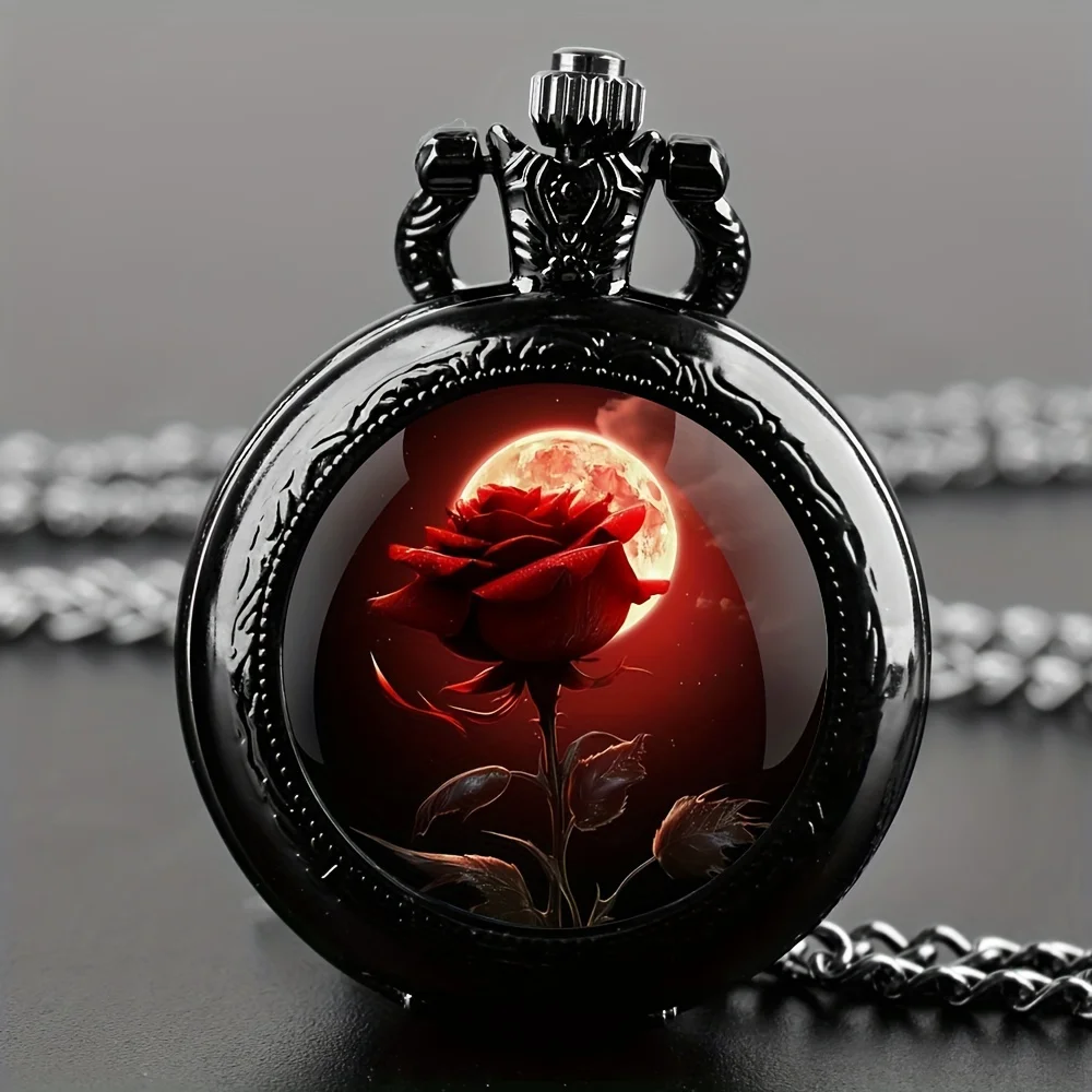 Rose Flower And Moon Quartz Movement Pocket Watch,Exquisite Stylish Black Necklace Chain WatchGreat Gift for Women Ladies Girls