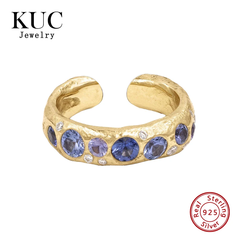 

Vintage Trendy Fine Jewelry Designer Plata 925 Sterling Silver Anillos Blue and Purple Zircon Textured Opening Ring