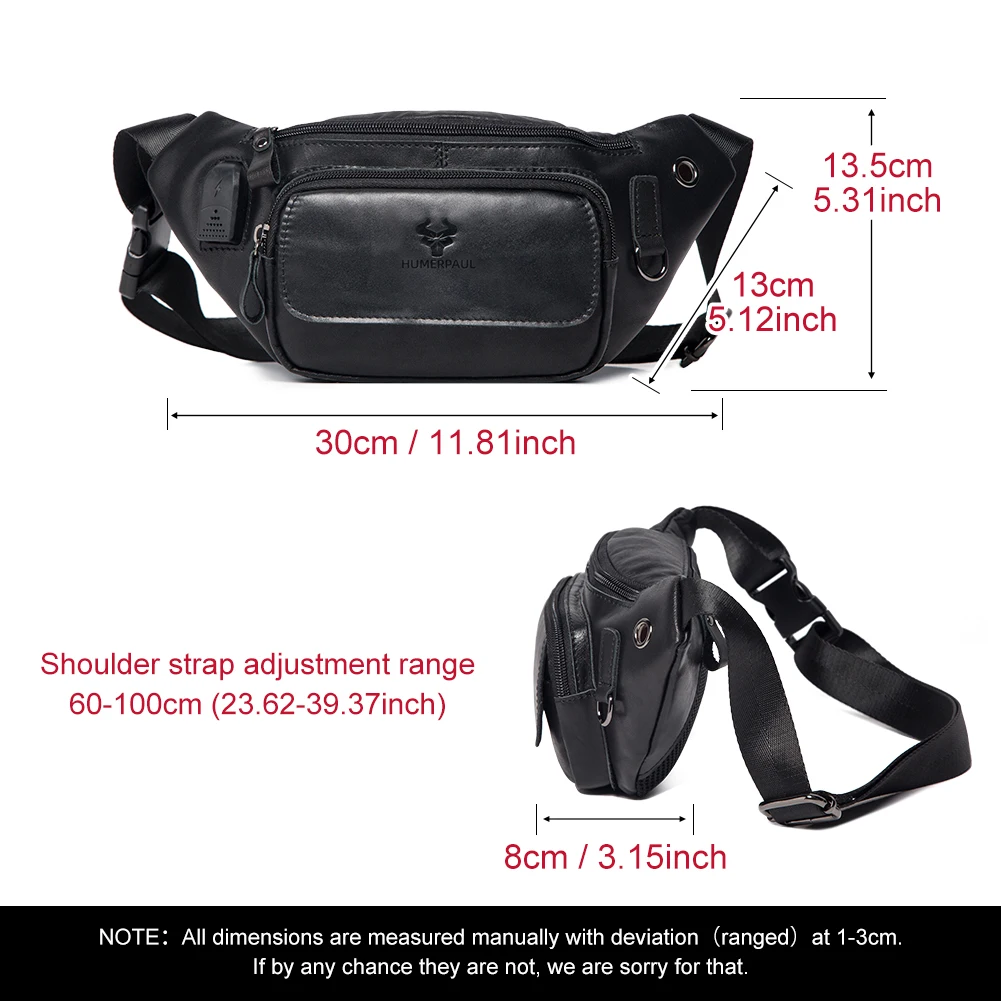 HUMERPAUL 100% Genuine Leather Chest Bag For Men Higt-Capacity With Durable USB Charging Crossbody Bag