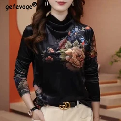 Camiseta de veludo estampa floral vintage feminina, camiseta básica elegante, gola meia alta, tops de manga comprida, roupas luxuosas, moda, outono, inverno