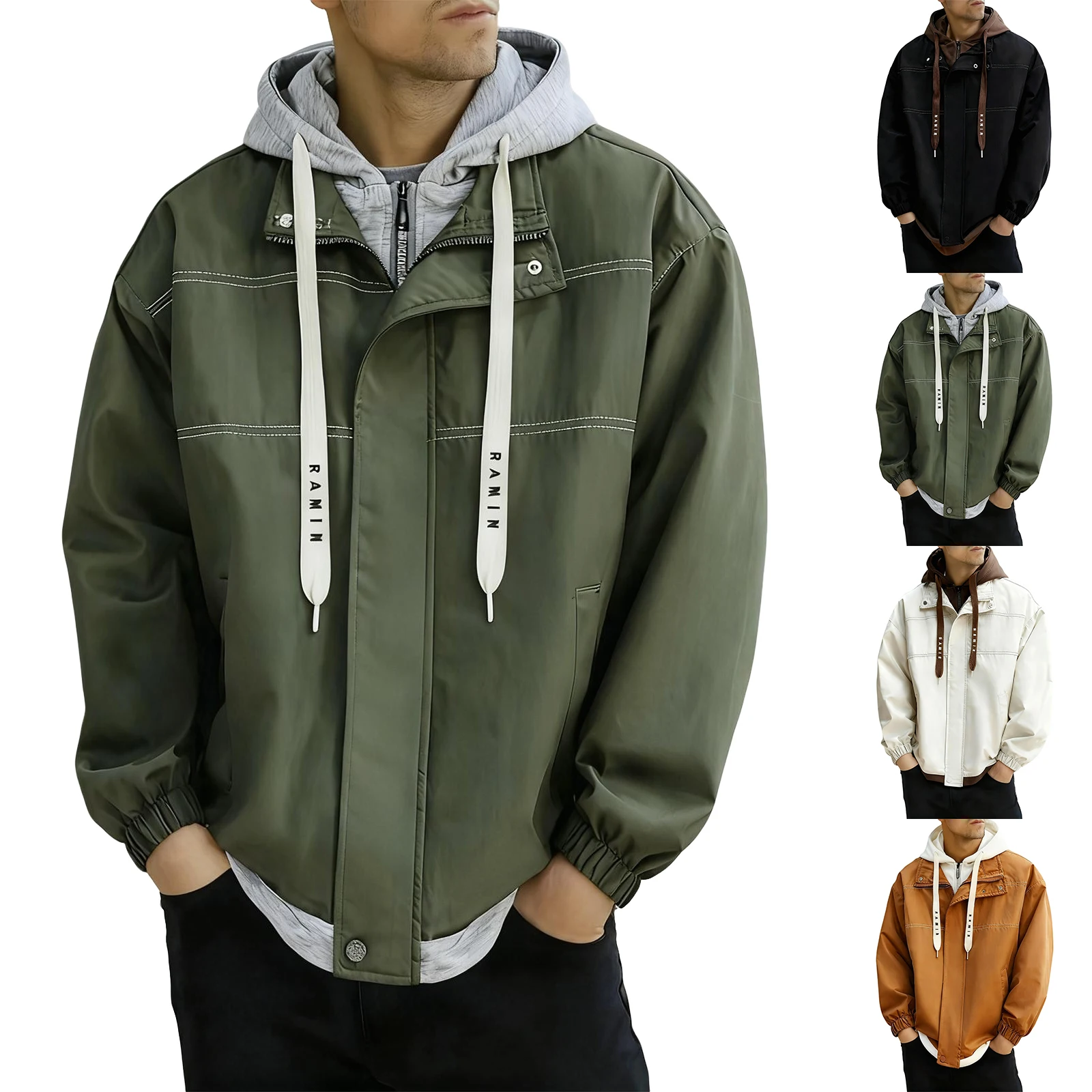 

Men Winter Autumn Lightweight Leisure Jackets Casual Color Blocking Shirt With Zipper Drawstring Male Daily Outdoor Wearing