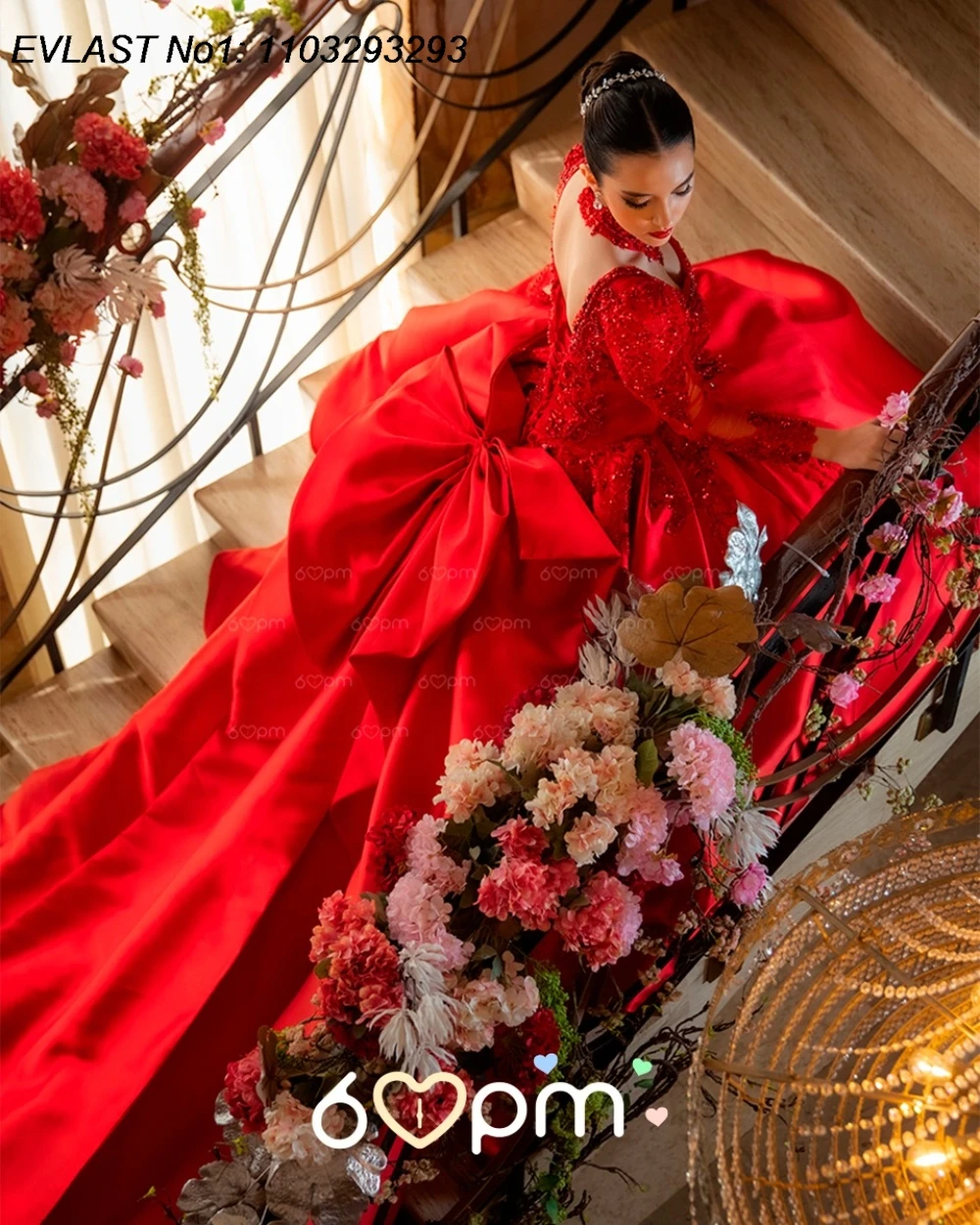 EVLAST カスタマイズされたエレガントな赤いキンセアニェーラドレス、舞踏会用ガウン、長袖、アップリケ、ビーズ刺繍、リボン、スイート16、ベスティドス・デ・15・アノス E1QN508