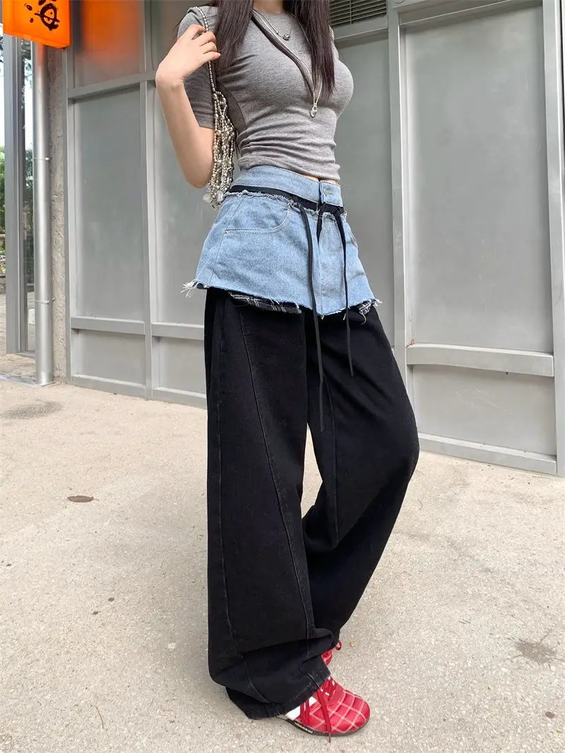Cowboy Patchwork Fake Two Piece Curved Knife Wide Leg Pants For Women In Spring And Autumn, With A Lazy And Stylish Design view 3