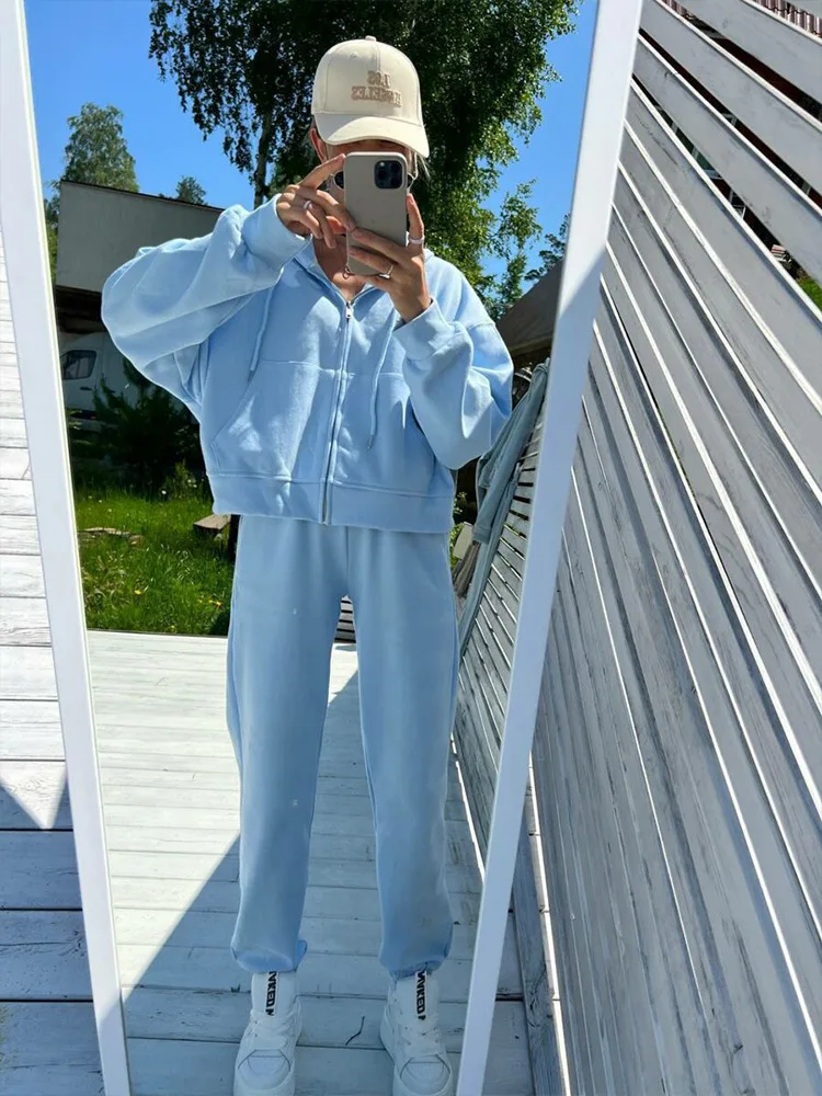 Women’s Tracksuit Hooded Zip Sweatshirt Pockets Elastic Waist Pants Two-Piece Thick Sports Casual Set CyberStreetOne blue