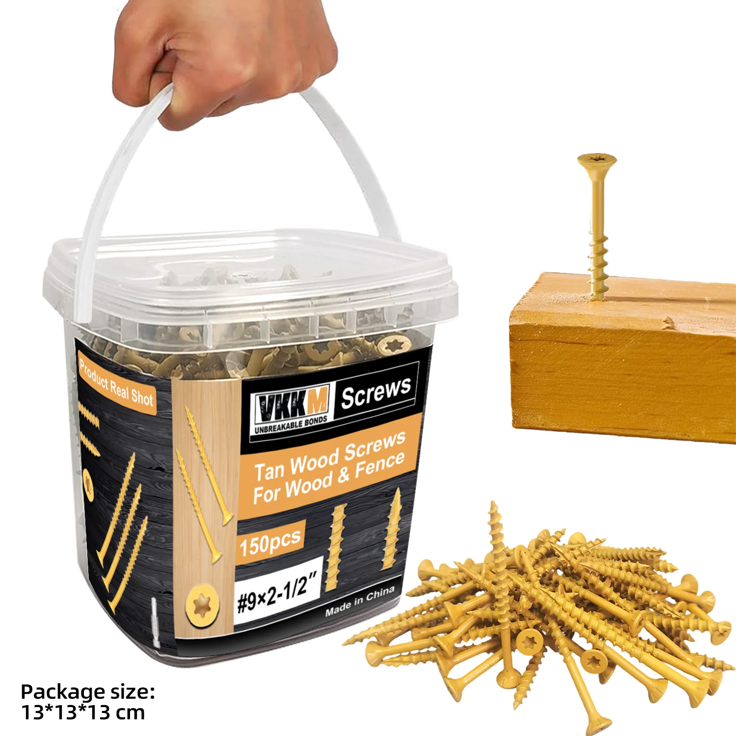 

VKKM150 # 9 Deck Screws, 2.5-inch Self Tapping Wood Screws, Epoxy Resin Coating, Sent with T25 Star Shaped Batch Head, Yellow.
