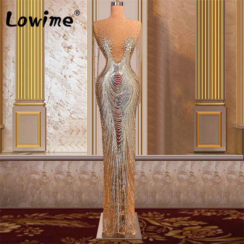 Crystals Tassel Evening Dresses Couture Celebrity Dresses Long Sleeve Mermaid Bespoke Occasion Dresses See Through Women Party