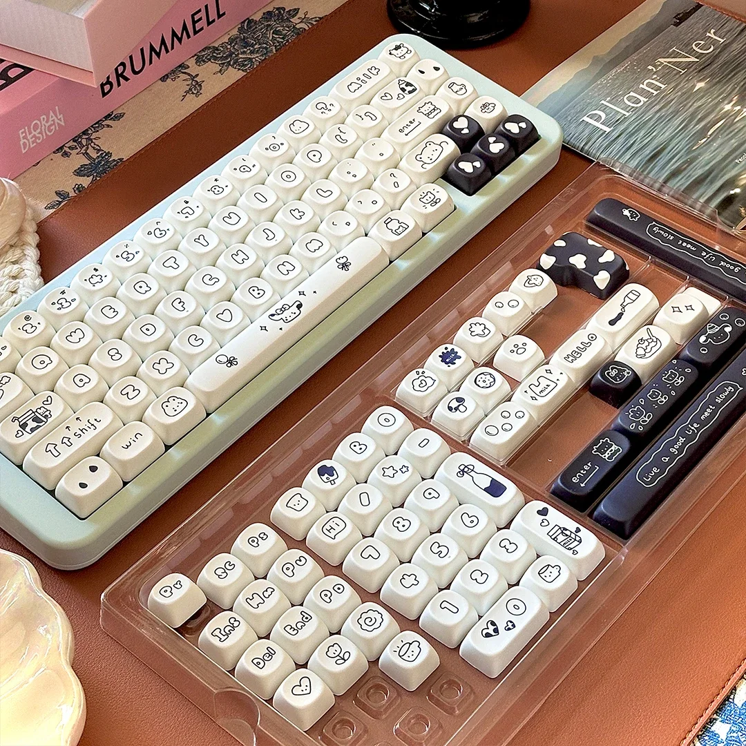 ECHOME-Juego de teclas con tema de vaca en blanco y negro, tapa de teclado de sublimación de tinte PBT, 141 teclas, perfil MOA, tapa de tecla para