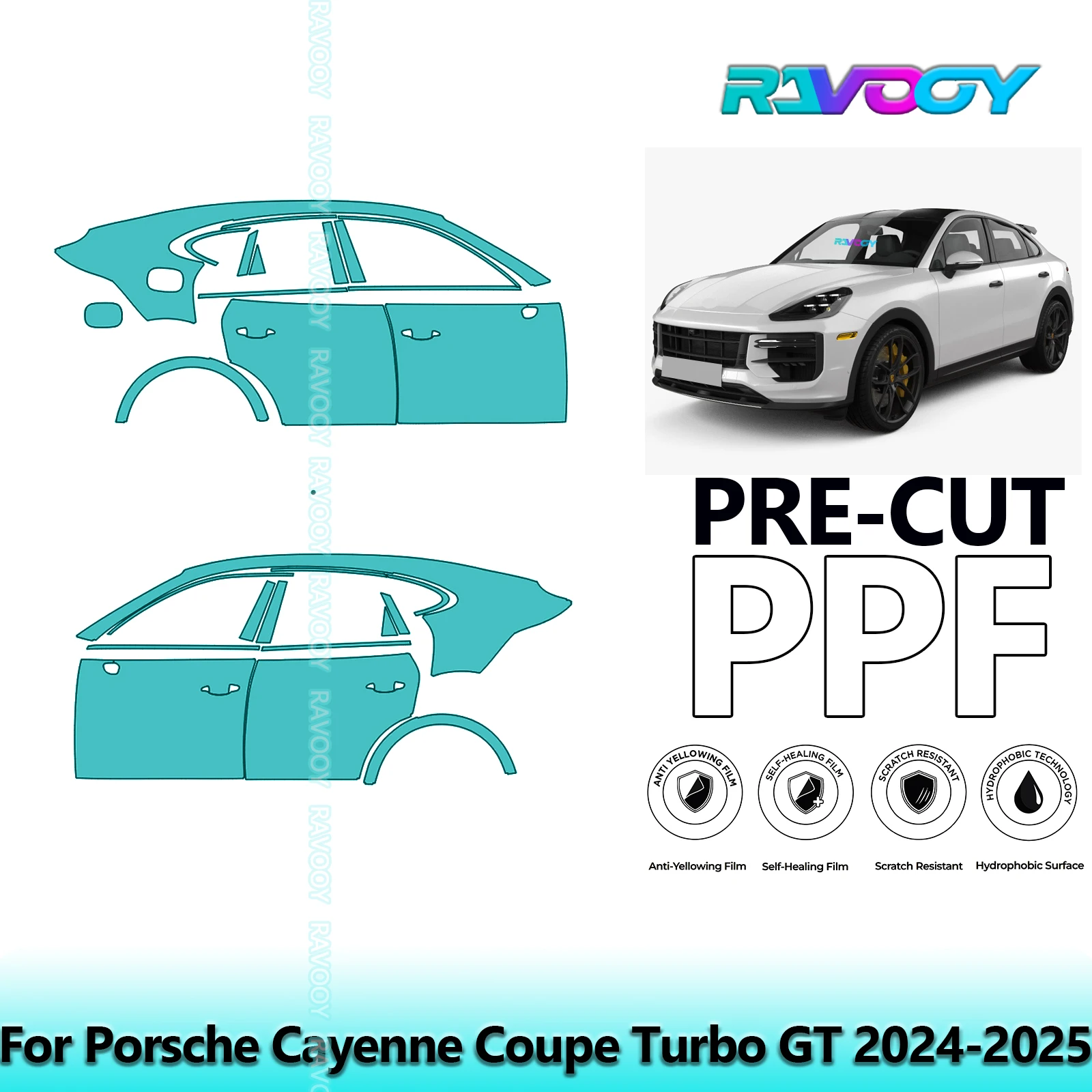 

For Porsche Cayenne Coupe Turbo GT 2024-2025 8.5mil Clear Matte Pre-Cut PPF Door & A/B Pillar Kit TPU Paint Protection Film Set