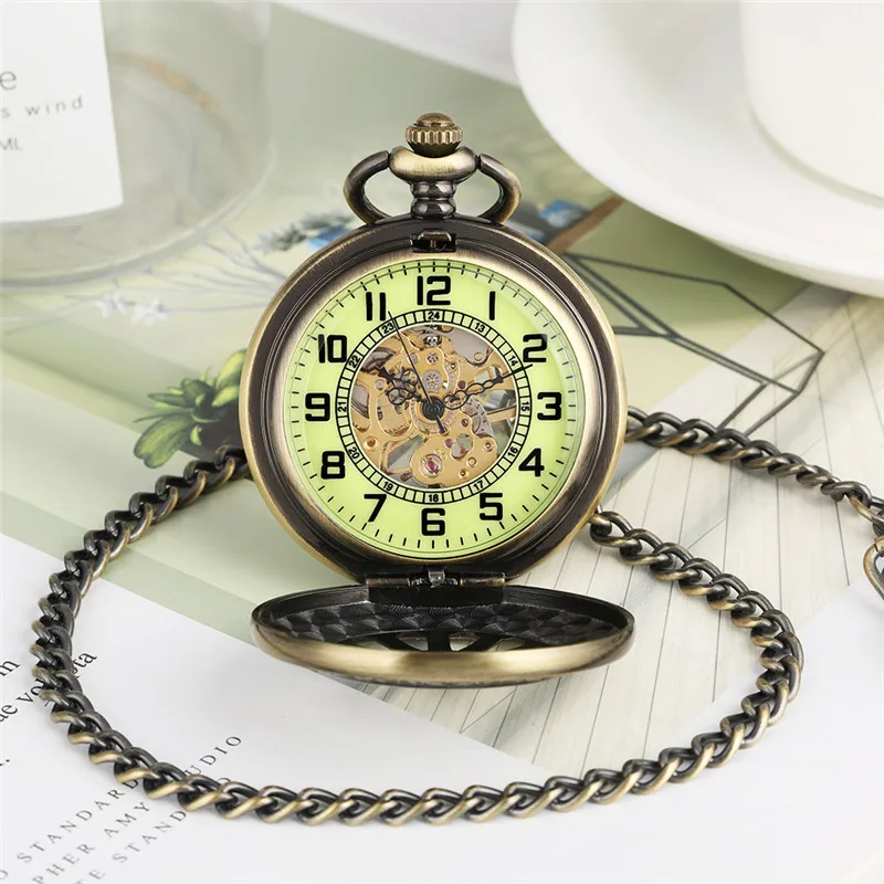 Mens Vintage Bronze Manual Mechanical Pocket Watch with Pocket Chain Pendant Clock Luminous Dial Half Hunter Timepiece Gift