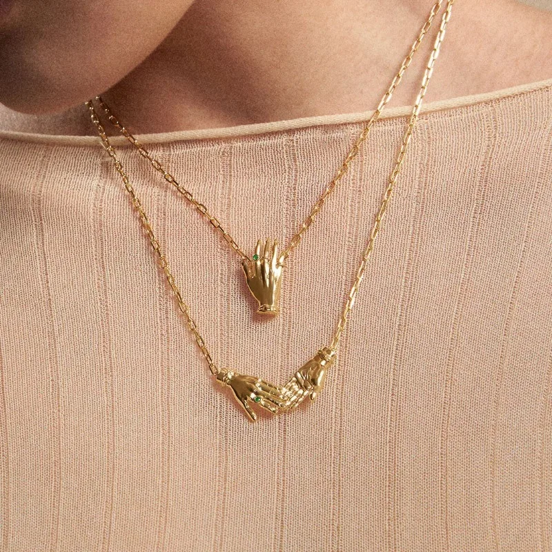 Gold Hand Pendant Necklace Green Stone Earrings Adjustable Three-Dimensional Choker Vintage Punk Jewelry Gift