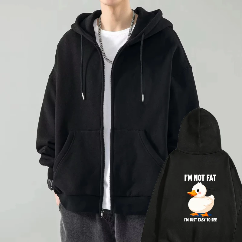 

Mens Hooded Jacket Black Duck Print I'M NOT FAT I'M JUST EASY TO SEE Casual Streetwear Sweatshirt Autumn Winter Outwear
