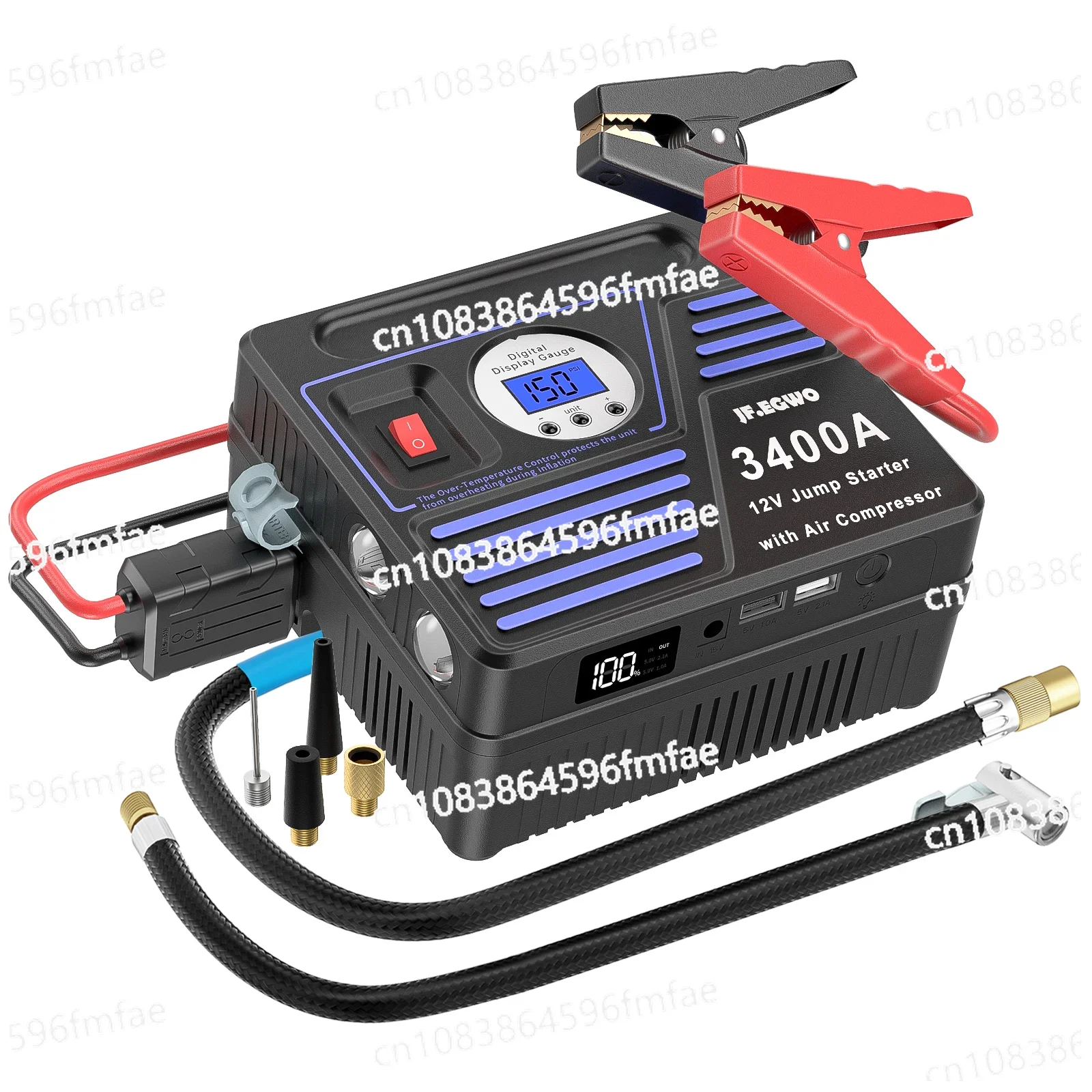 12V 24000mAh 6-in-1 Jump Starter with Compressor Portable Car Jump Starter with Tire Inflator, Suitable for Outdoor Use