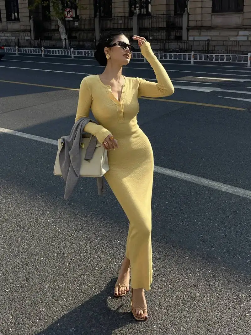 Vestido de malha amarelo com decote em v, manga comprida, elegante para mulheres, suéter amarelo fino, vestido longo, quente, sexy, moda feminina, vestidos qh4m