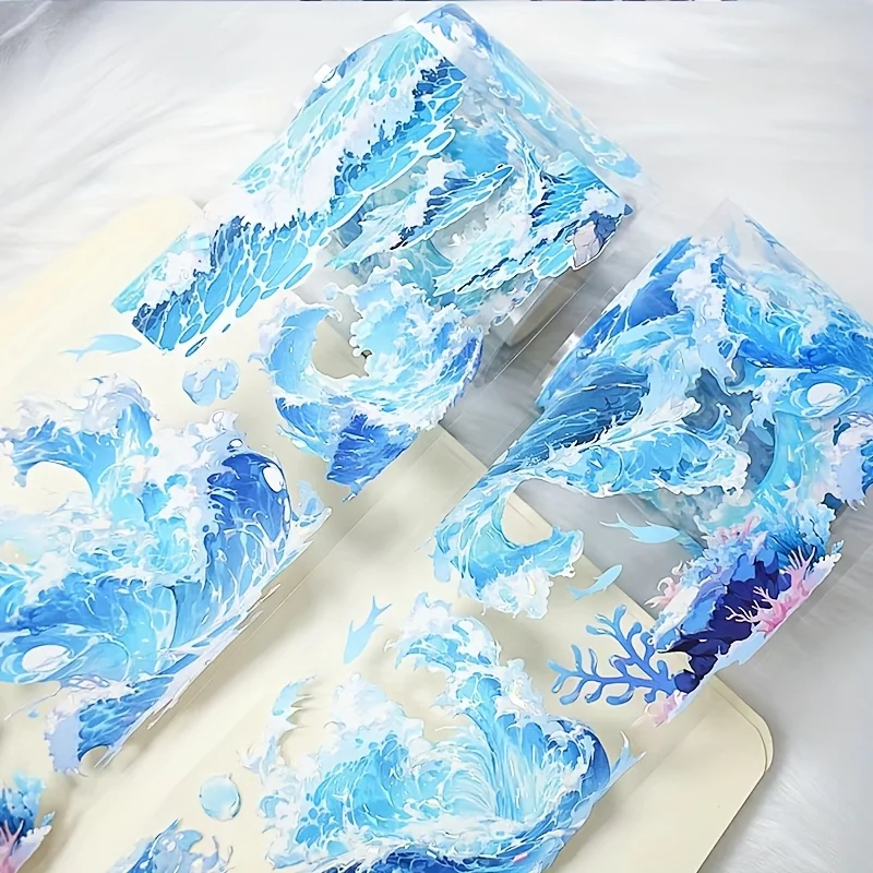 Cinta PET Ocean Wave – Mar azul brillante con coral y conchas, Washi autoadhesivo brillante para álbumes de recortes, diarios y manualidades
