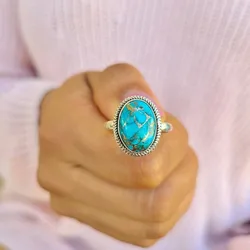 Classic ethnic style turquoise ring silver 925 retro blue minimalist oval ring Charm shines brightly jewelry Adjustable opening