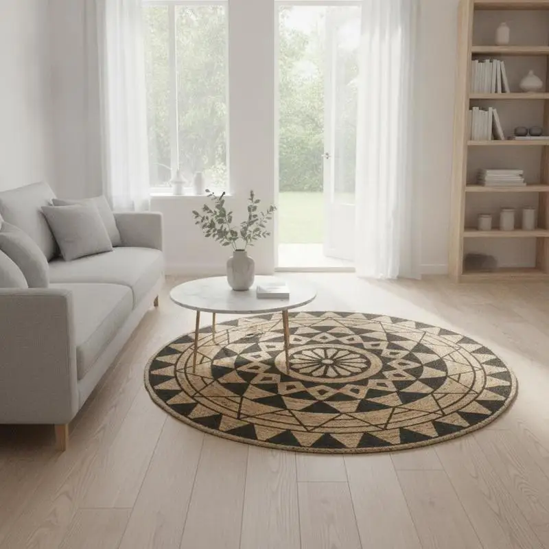 Tapis en jute fait main, imprimé noir, 150 cm, qualité supérieure, facile à nettoyer