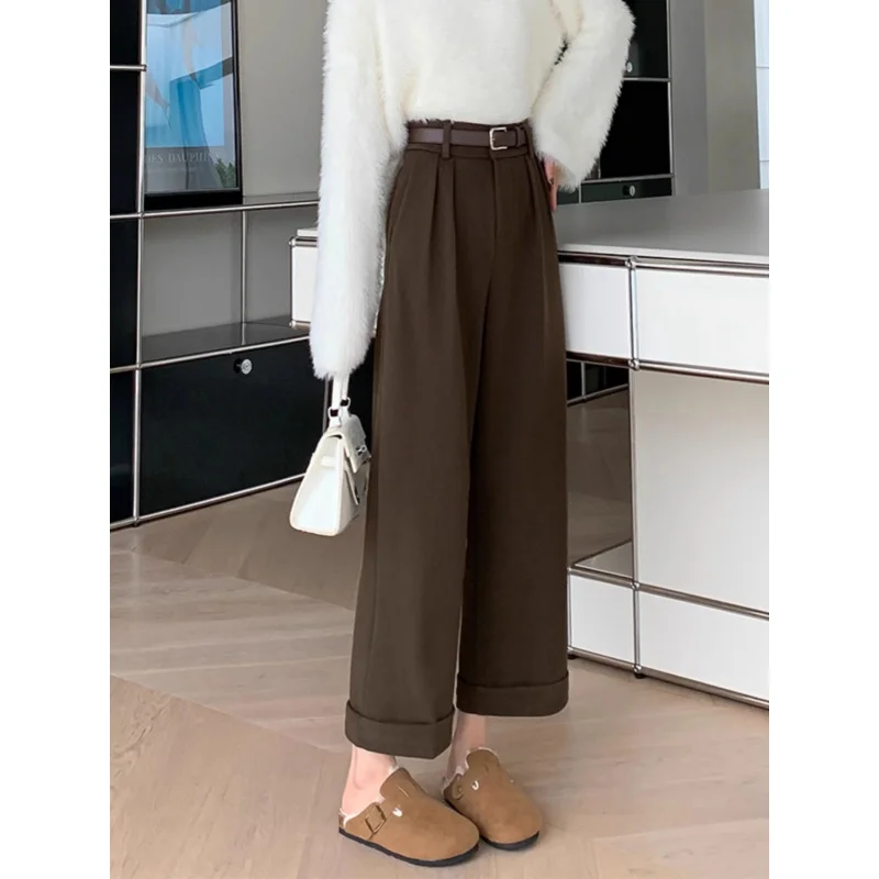 Curling Woolen Pants Children2024Autumn and Winter New High Waist Thickened Cropped Pants Loose Fleece-lined Suit Wide Leg Pants