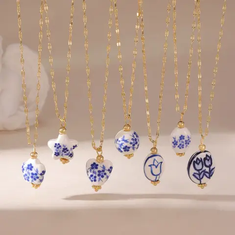 Vintage Blue Ceramic Pendant Necklace, Women's Collarbone Accessory Statement, Heart-Shaped Stainless Steel Chain Necklaces Gift