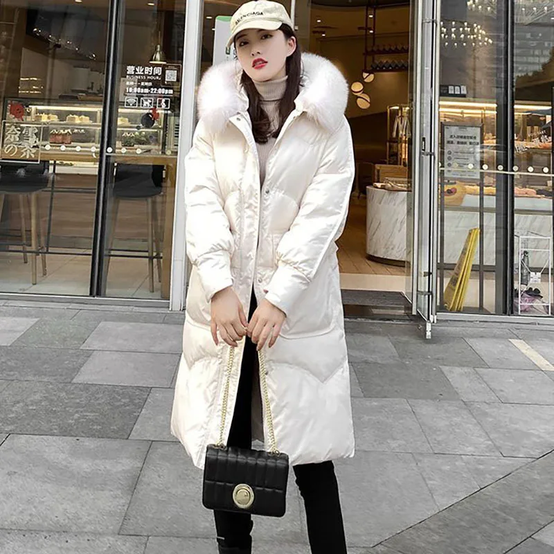 

Fashion Loose White Duck Down Down Jacket Office Lady Hooded Thicken Big Fur Collar Coat 2023 Autumn Winter Warm Women Jackets