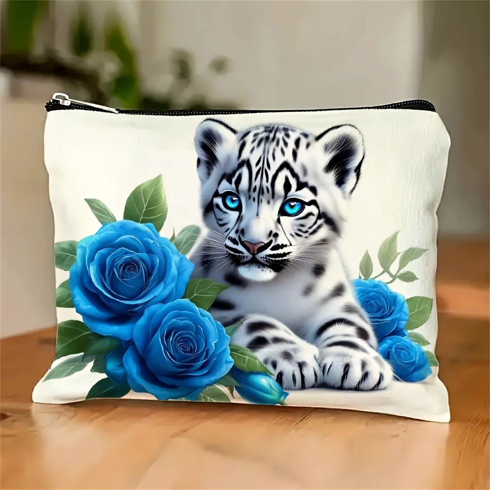

ASkull White Snow Leopard And Blue Rose Printed Makeup Bag- Multifunctional Zipper Pouch, Jewelry Storage Bag, Perfect Travel Zi