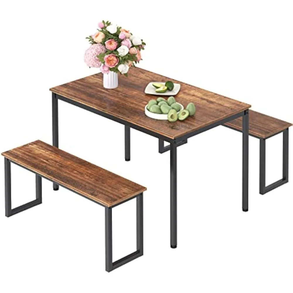 

Dining Table Set for 4, Kitchen Table Set with 2 Benches, 3 Piece Dining Room Table and Benches, Coffee Tables Set for Flats,