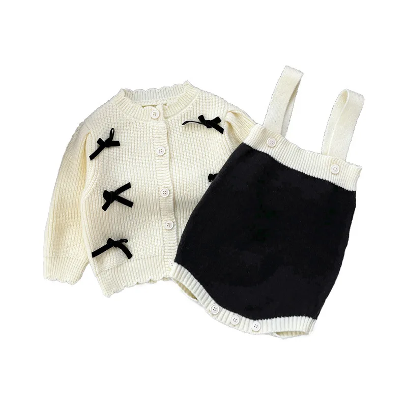 2024 Autumn New Baby Girl Cute Bow Knitted Cardigan + Sleeveless Bodysuit 2pcs Suit Cotton Infant Toddler Sweet Princess Outfits