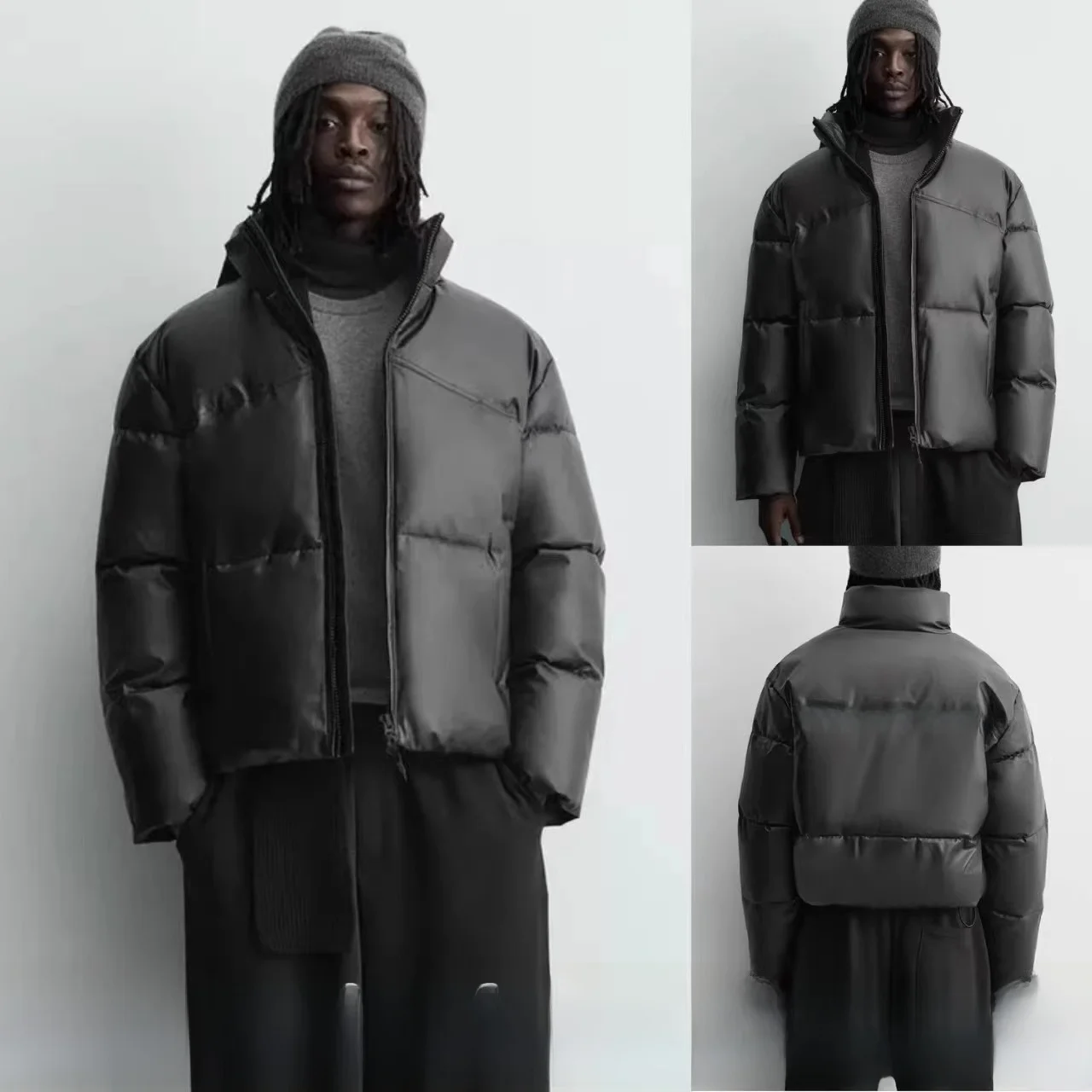 

New Winter Men's Jaet Stand Collar Thiened Cotton Coat Leather Effect Simulation Outerwear Zipper Closure Long Sve