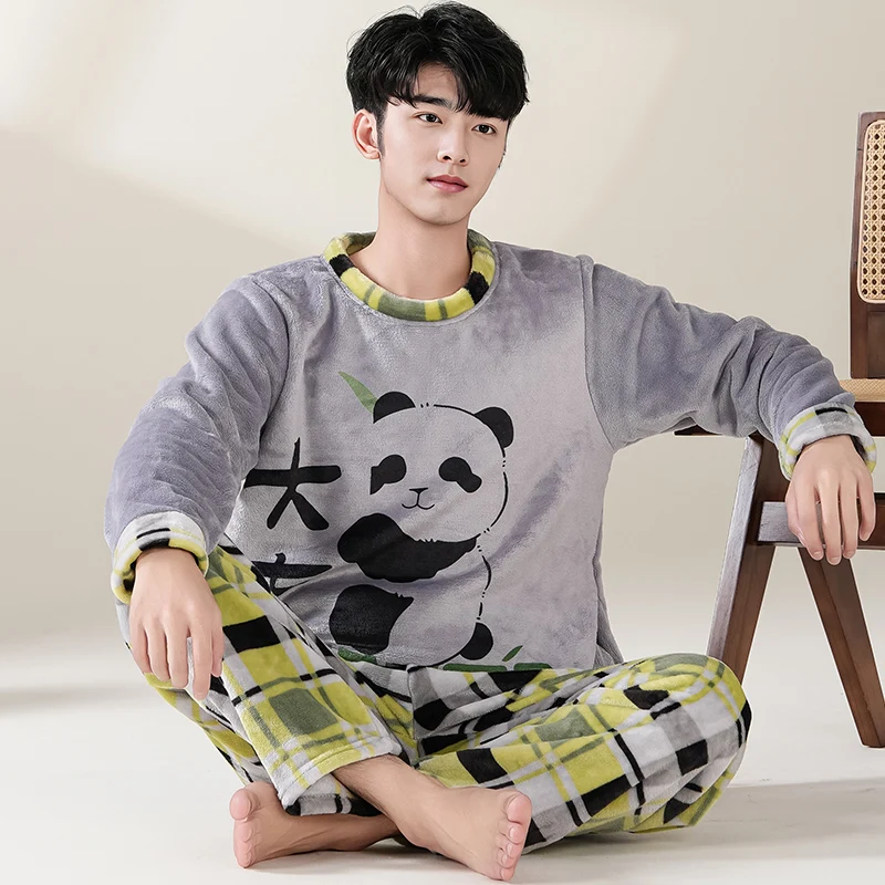 Coral Velvet Pajamas Autumn and Winter Young men Nightwear Panda Cartoon Cute Homewear men's warm loungewear lounge set Hombre