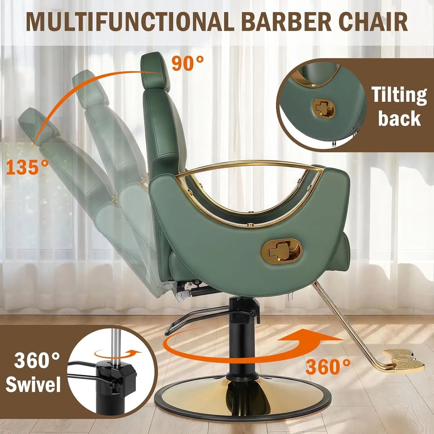 Salon Chair for Hair Stylist, Barber Salon Chair Reclining Hairdresser Chair with Hydraulic Pump, 360 Swivel Styling Braiding Chair for Home Barbershop, Tattoo, Shampoo, Spa, Green Gold - view 4
