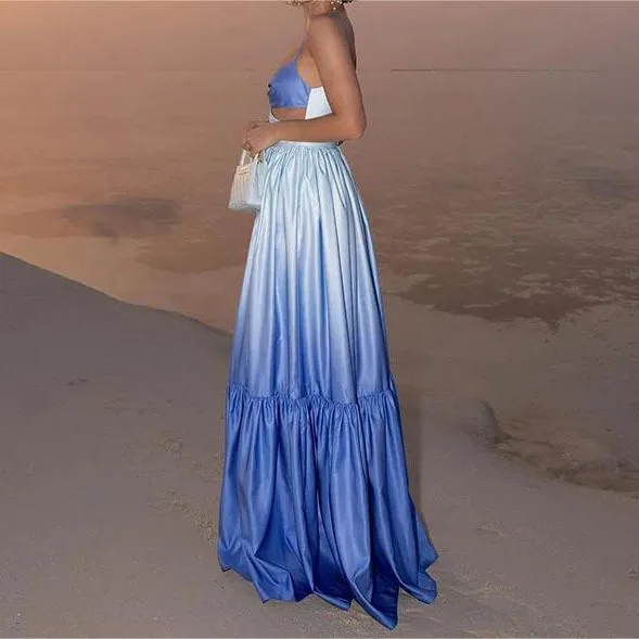 

Women Gradient Color Hollowed Out Pleated Maxi Dress Fashion V-neck Sleeveless Sling Vestidos 2024 Summer Vacation Loose Robes