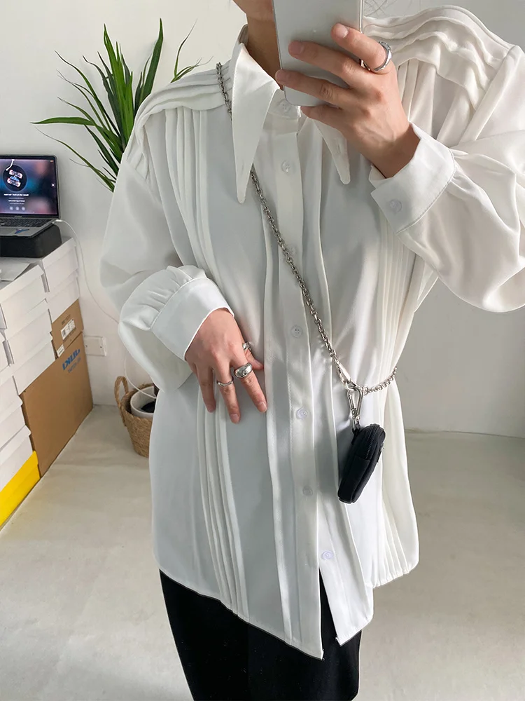 [EAM] Women White Pleated Big Size Elegant Blouse New Lapel Long Sleeve Loose Fit Shirt Fashion Tide Spring Autumn 2024 1DF0359