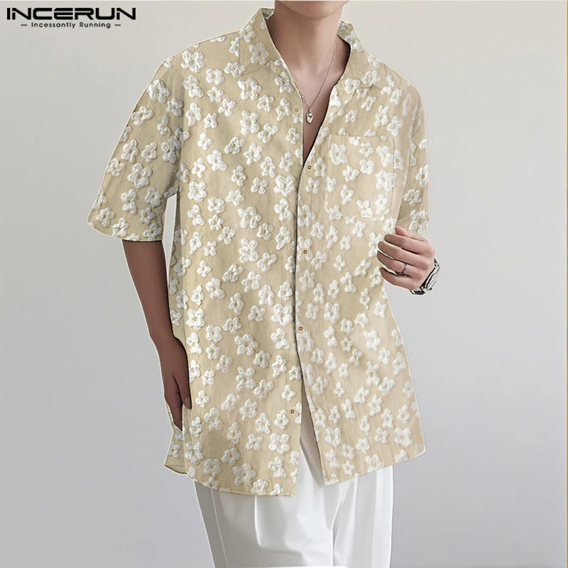 INCERUN Men Shirt Flower Jacquard Loose Korean Style Lapel Short Sleeve Men Clothing Streetwear 2026 Fashion Casual Shirts S-5XL