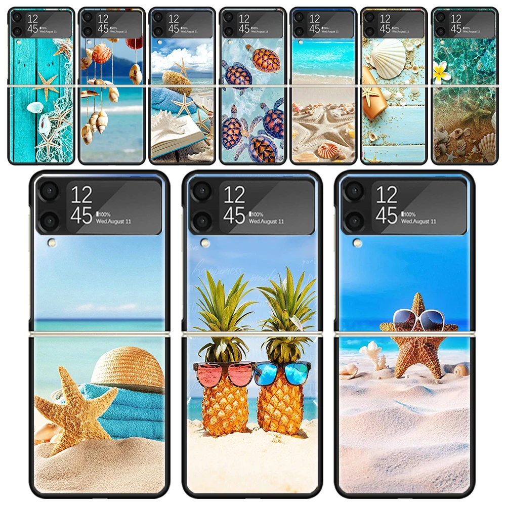 Blue Wood Seashells Sea Star Cases For Samsung Galaxy Z Flip 4 5 6 3 Z Flip6 Flip4 Flip5 Flip3 ZFlip6 ZFlip5 5G Hard Shockproof 