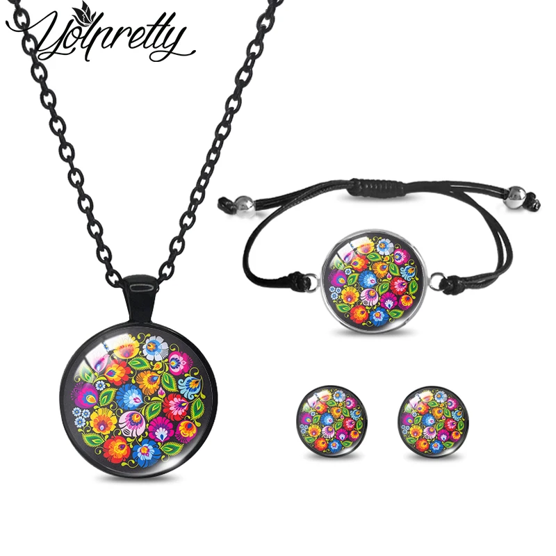 2023 New Arrival Polish Folk Flowers Art Black Necklace Rope Bracelet Stud Earrings Sets Glass Cabochon Jewelry Sets for Women